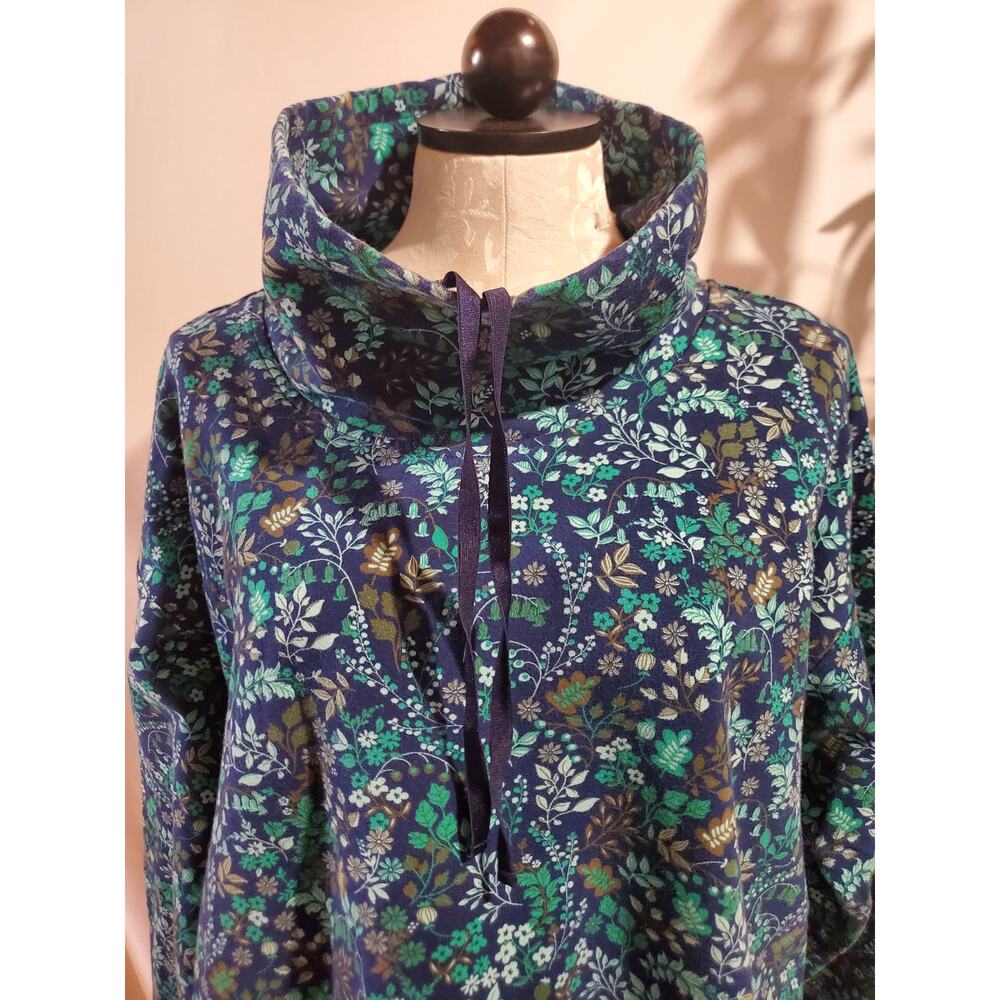 T by Talbots Floral Cowl Drawstring Sweatshirt Top Size 2XP Blue Stretch Cotton - Picture 5 of 10